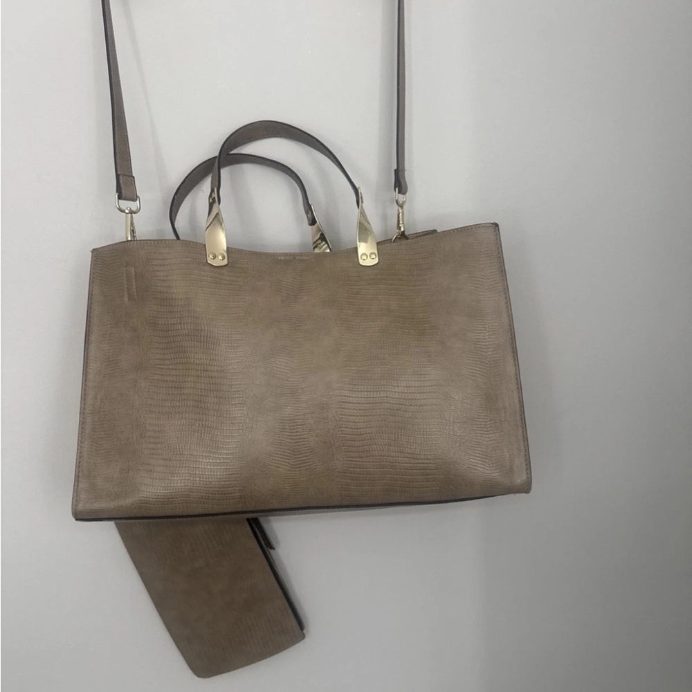 Zara Taupe Textured Tote with Gold Hardware